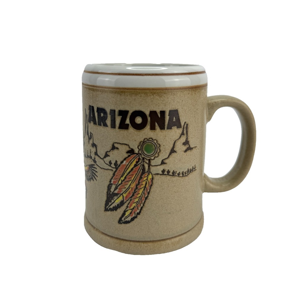 Vintage Arizona Brown Speckled Coffee Mug Roadrunner Cactus Stoneware EUC